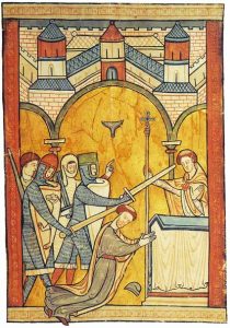 This 12th-century manuscript depicts the murder of Thamas Becket.